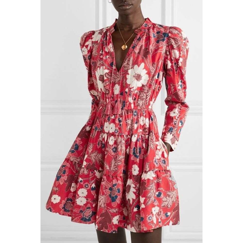 Ulla Johnson Liv Floral Print Gathered Mini Dress US 0 Tassels Pockets